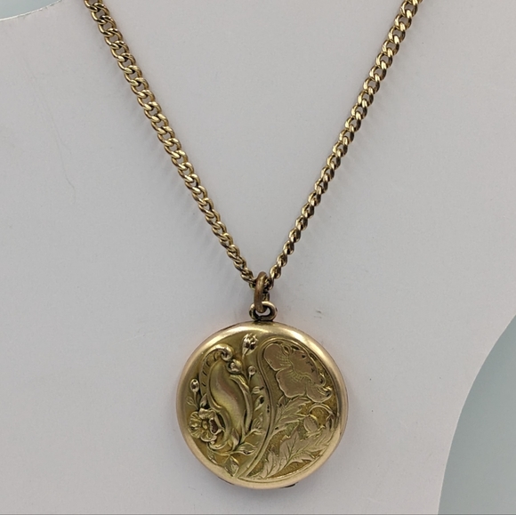 Antique/Vintage Floral Design Locket On Gold Filled Curb Chain 12K GF 24" AS IS - Picture 7 of 15